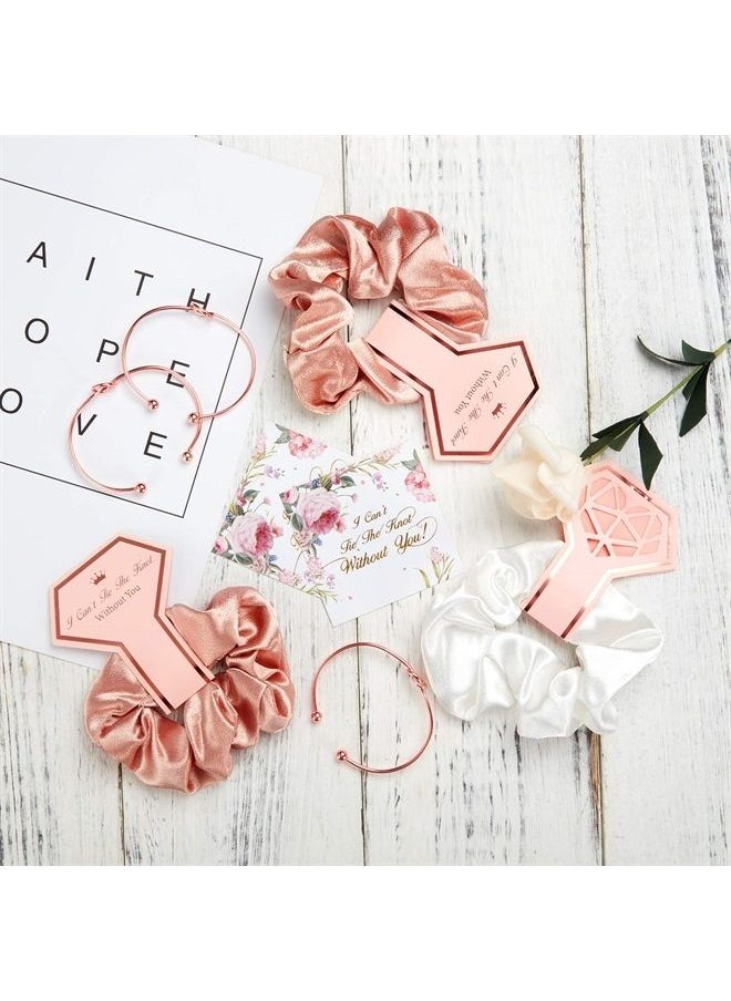 WILLBOND 8 Pieces Satin Hair Scrunchies Bridal Shower Scrunchy Hairbands Bachelorette and 8 Pieces Bridesmaid Bracelets with I Can't Tie The Knot Without You Bridesmaid Cards (Rose Gold, White)  - Image 5