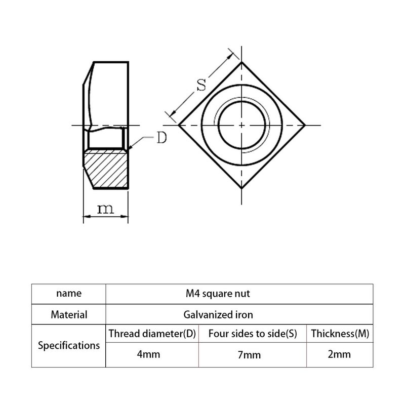 DGZ 200pcs M4 Square Nut, Metric Coarse Thread Nut,Zinc Plated, Silver Tone(Size: M4×7×2). - Image 4