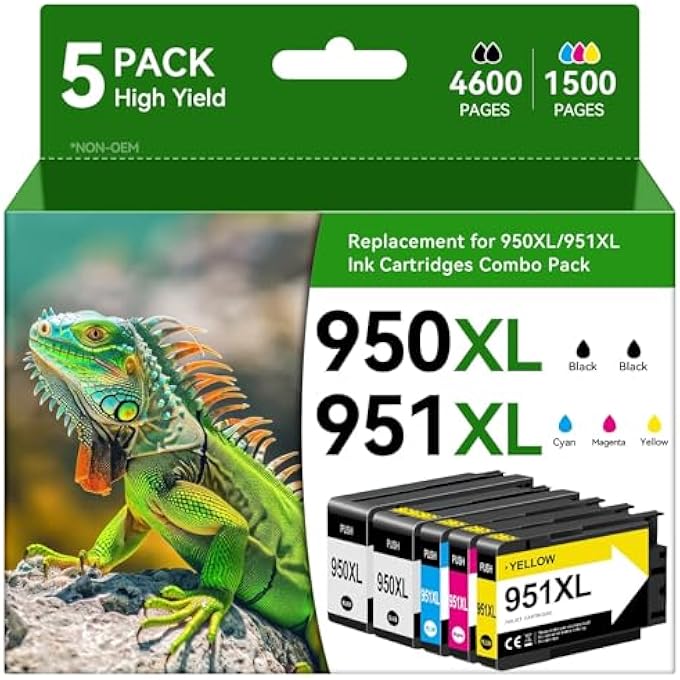 COMPATIBLE INK CARTRIDGE REPLACEMENT FOR 950XL 951XL 950 951 WORK WITH PRINTERS OFFICEJET PRO 8600, 8610, 8600 PLUS, 8100, 8620, 8630, 8625, 8615, 8110, (2 BLACK 1 CYAN 1 MAGENTA 1 YELLOW) 5-PACK - Image 1