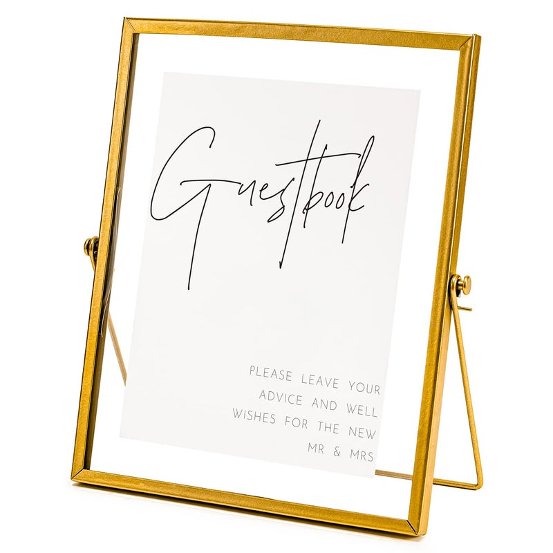 Calculs Gold Floating Picture Frames Sign Holder Guestbook Alternative, Metal Glass Photo Display Stand Menu Holder 8x10inches for Wedding Party Table Sign - Image 1