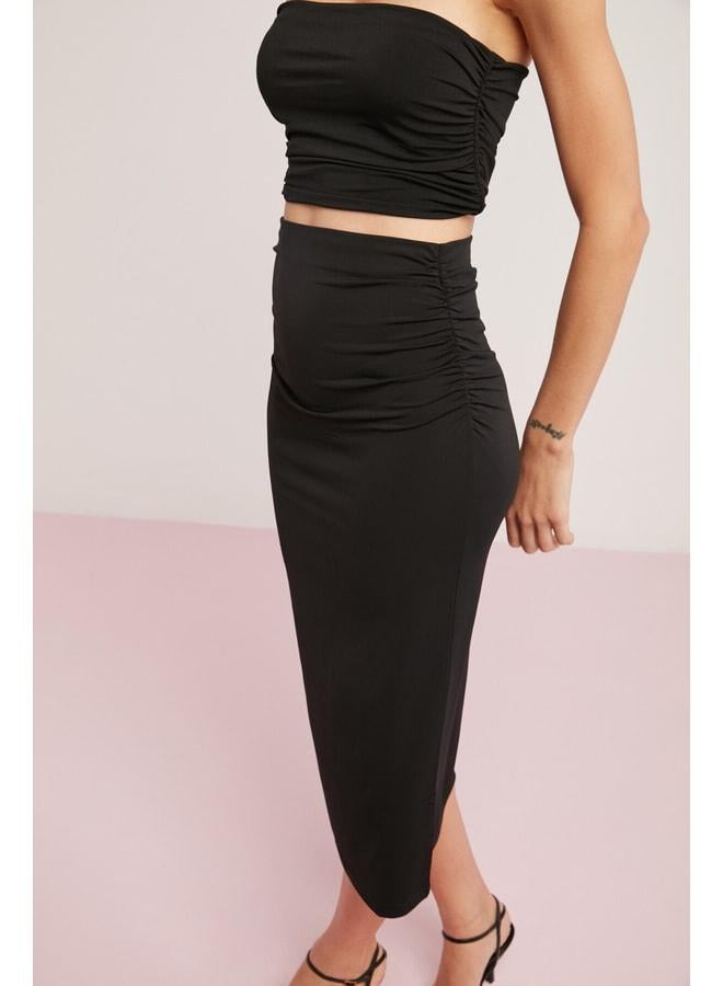 Ethiquet Jael Women's Drape-Detail Black Pencil Skirt that Fully Covers the Body. - Image 3