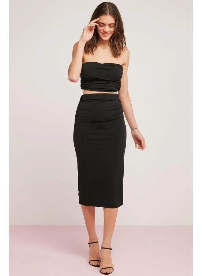 Ethiquet Jael Women's Drape-Detail Black Pencil Skirt that Fully Covers the Body.