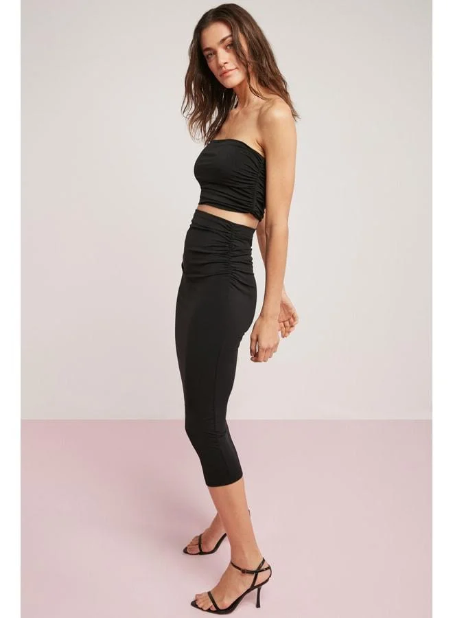 Ethiquet Jael Women's Drape-Detail Black Pencil Skirt that Fully Covers the Body.