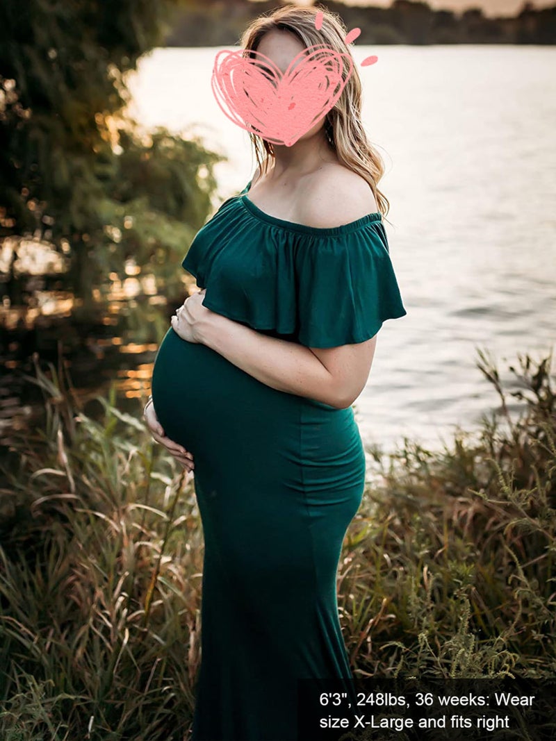 Glampunch Womens Off Shoulder Maternity Dress Ruffles Elegant Slim Gowns Fit Maxi Photography Dress Hunter Green - Image 3