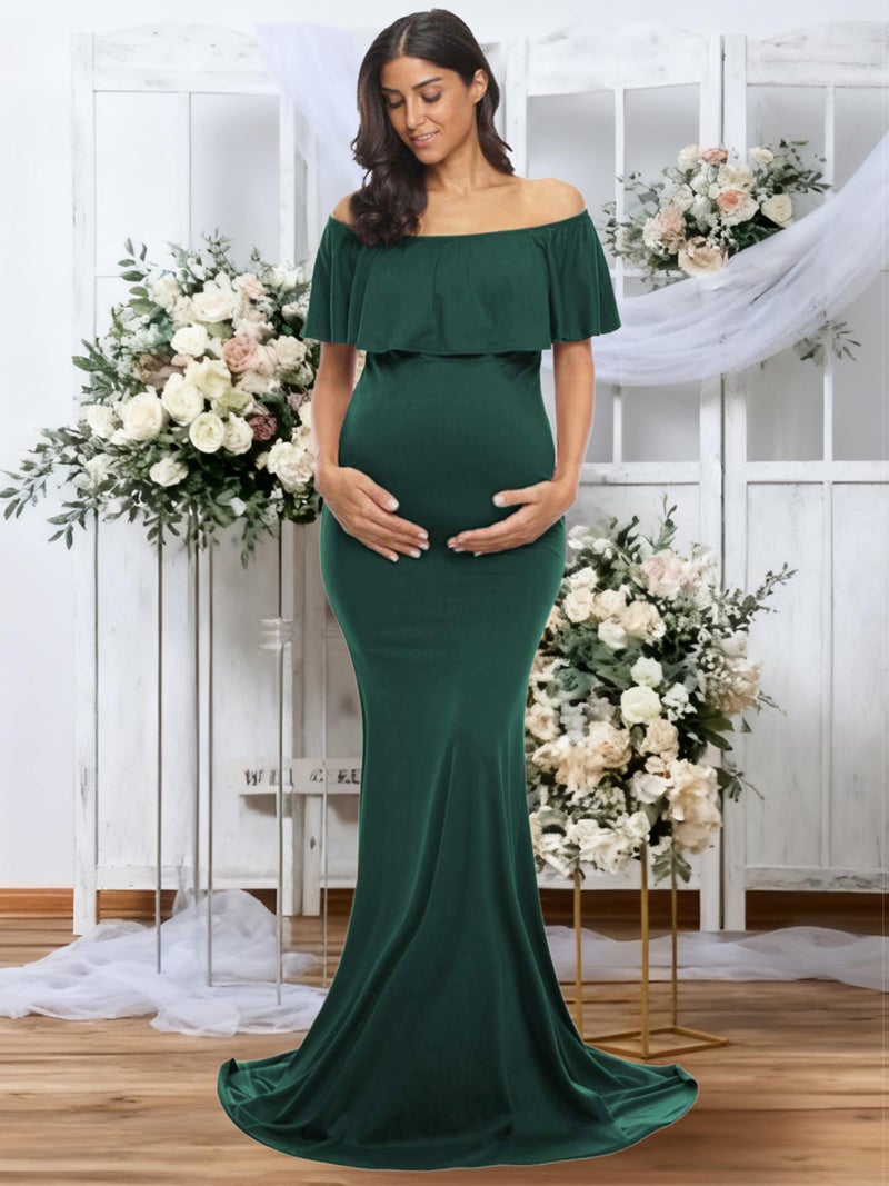Glampunch Womens Off Shoulder Maternity Dress Ruffles Elegant Slim Gowns Fit Maxi Photography Dress Hunter Green - Image 2
