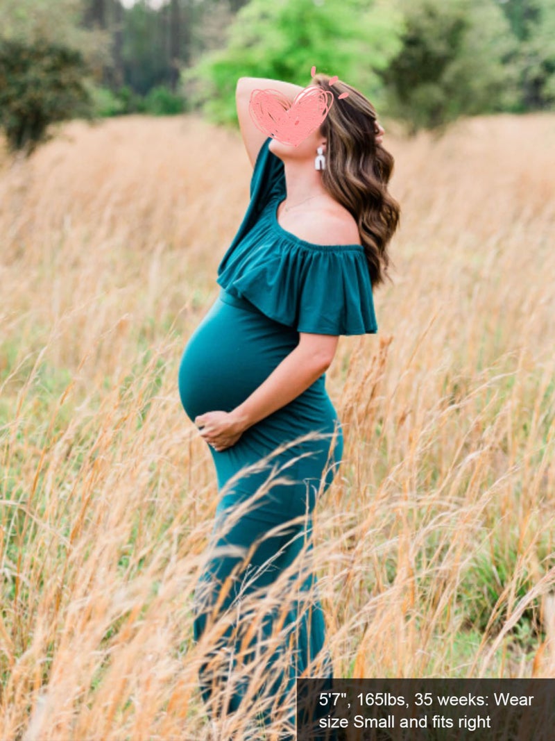 Glampunch Womens Off Shoulder Maternity Dress Ruffles Elegant Slim Gowns Fit Maxi Photography Dress Hunter Green - Image 4