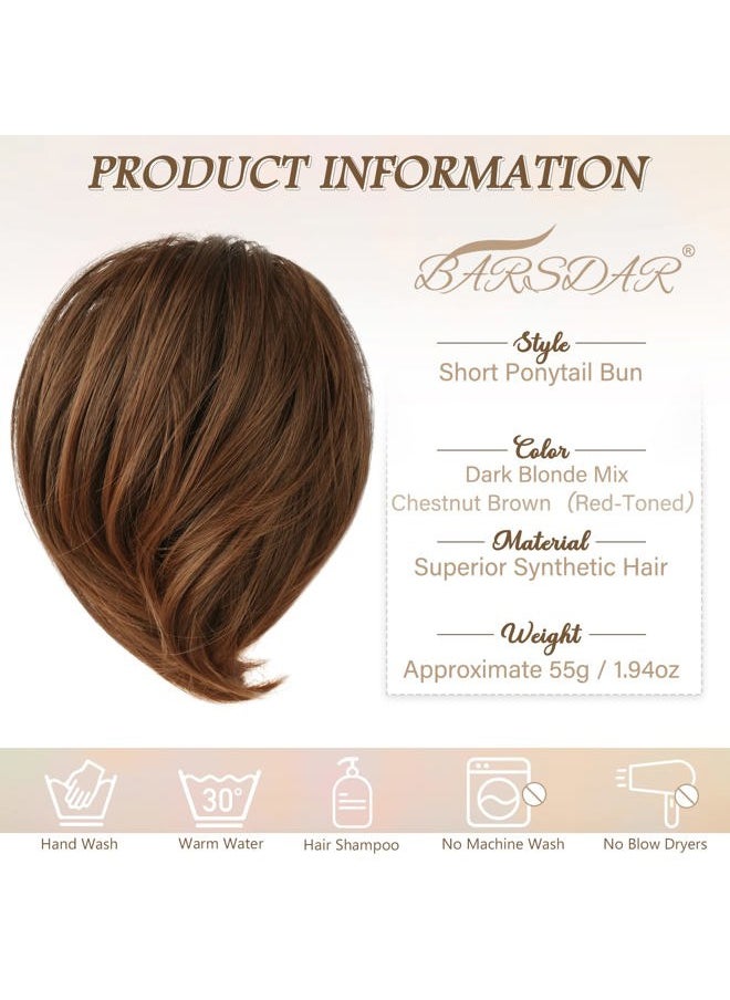 BARSDAR Straight Hair Bun Extensions - Synthetic Fully Short Straight Ponytail Hair Bun Extensions for Women - Elastic Messy Hair Bun Hairpieces Scrunchies Daily - Mixed Chestnut Brown  - Image 5