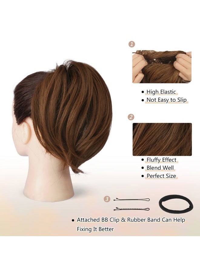 BARSDAR Straight Hair Bun Extensions - Synthetic Fully Short Straight Ponytail Hair Bun Extensions for Women - Elastic Messy Hair Bun Hairpieces Scrunchies Daily - Mixed Chestnut Brown  - Image 3