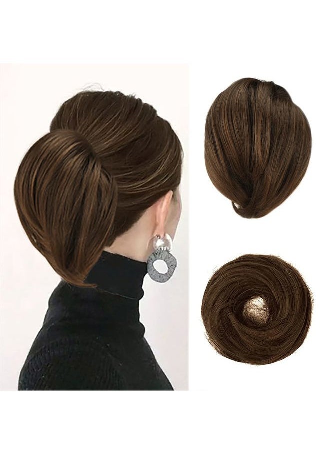 BARSDAR Straight Hair Bun Extensions - Synthetic Fully Short Straight Ponytail Hair Bun Extensions for Women - Elastic Messy Hair Bun Hairpieces Scrunchies Daily - Mixed Chestnut Brown  - Image 1