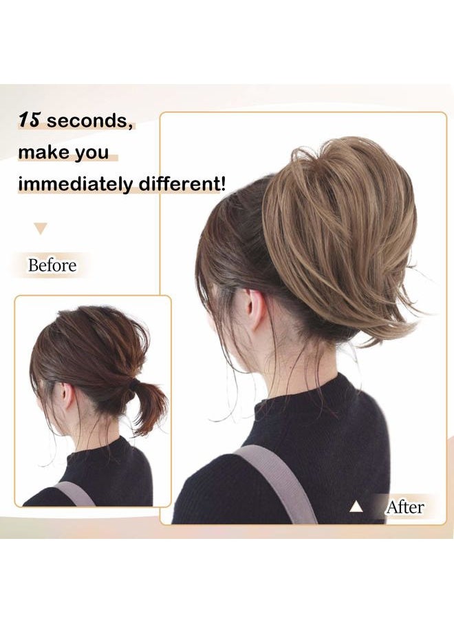 BARSDAR Straight Hair Bun Extensions - Synthetic Fully Short Straight Ponytail Hair Bun Extensions for Women - Elastic Messy Hair Bun Hairpieces Scrunchies Daily - Mixed Chestnut Brown  - Image 4