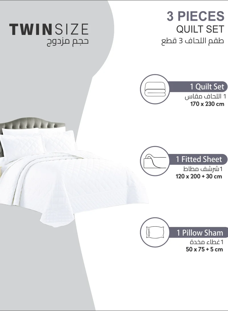 Donetella Quilt Set 3-Pcs Single Size Reversible Bedspread Coverlet Set Compressed Comforter Soft Bedding Cover With Matching Fitted Sheet Pillow Shams Pillow Cases Pearl White