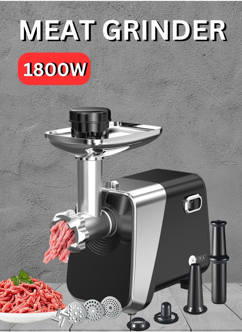 AFRA AFRA Meat Grinder, 1800w, 2kg Capacity, Aluminum Construction, Stainless Steel Cross Knife, food storage pusher, kibbeh & sausage attachment, AF-1800MGBK, 2 Year Warranty  - Image 1