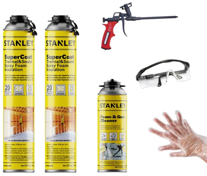 STANLEY Supercoat Spray Foam Insulation Kit - Closed Cell Spray Foam Covers Up to 40 Sq.Ft. - Including Gun, Cleaner, Safety Items - 27.1 oz, 2 Pack - Image 1