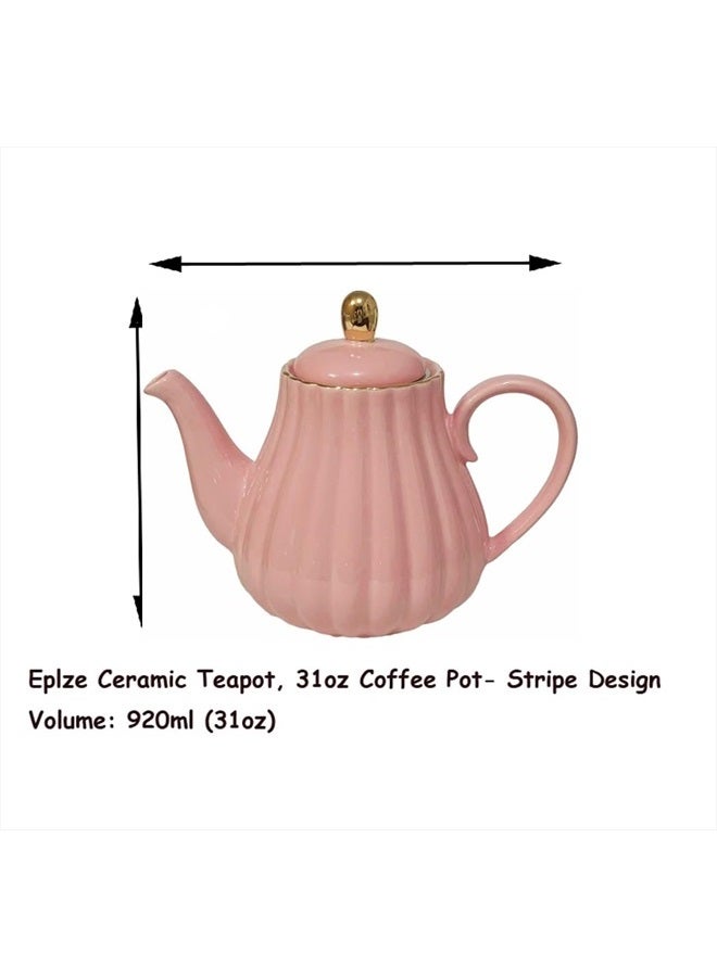 Eplze YBK Tech Strengthen Porcelain Teapot, 31oz Coffee Pot Ceramic Teapot- Stripe Design (Pink) - Image 2