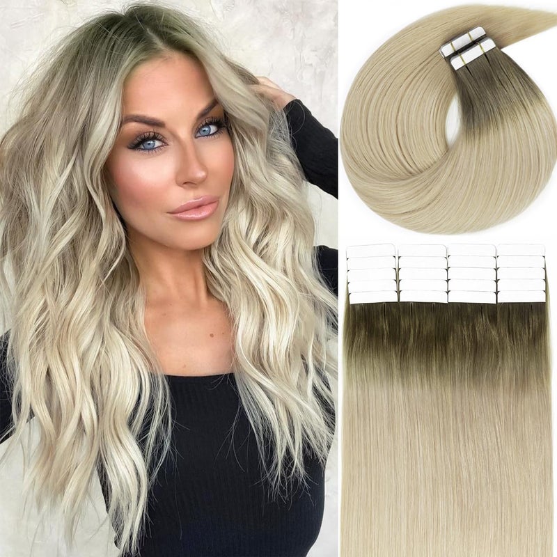 Lacerhair Rooted Tape in Hair Extensions Human Hair Seamless Skin Weft Real Remy Invisible Natural Hair 8G60A Double Sided Light Platinum Blond with Light Ash Brown Roots 20 50g