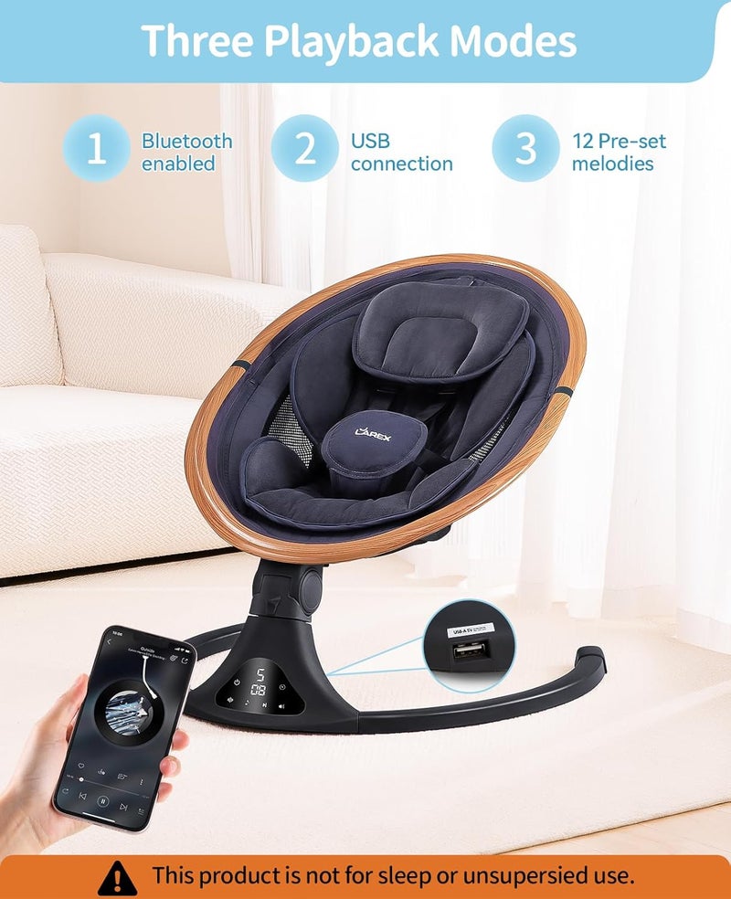 LAREX Baby Swing to Toddler Electric Infant Swing Portable for Newborn Boy Girl 5 Sway Speeds with Remote Control 12 Preset Melodies and Bluetooth 06 Months Max 20 LbsDark Wood Grain - Image 5