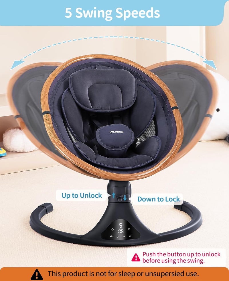 LAREX Baby Swing to Toddler Electric Infant Swing Portable for Newborn Boy Girl 5 Sway Speeds with Remote Control 12 Preset Melodies and Bluetooth 06 Months Max 20 LbsDark Wood Grain - Image 2