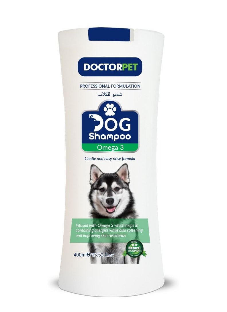 DOCTERPET Doctor Pet Dog Shampoo Omega-3 400ML – Moisturizing, Hypo-Allerginic, Gentle Formula for Soft, Healthy Coat & Skin  - Image 1
