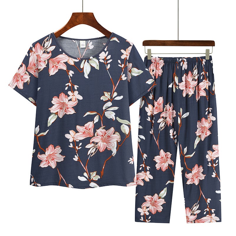 Mothers Round Neck Printed Top Womens Summer Cotton Silk Suit Middle-aged and Elderly Short-sleeved Capri Pants Two-piece Set for Outer Wear 5 Color