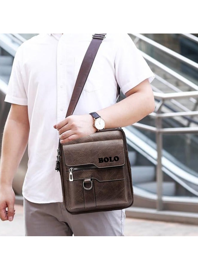 بولو حقيبة كروس رجالية من جلد البولي يوريثان عالي الجودة، بني - Image 5