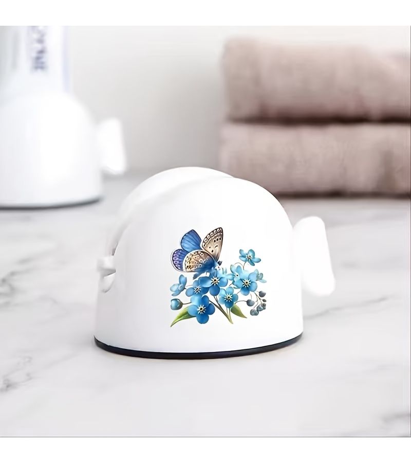 1pc Blue Flower Butterfly Print Manual Toothpaste Dispenser With Lamb Design Easy Squeeze Convenient Use - Image 1