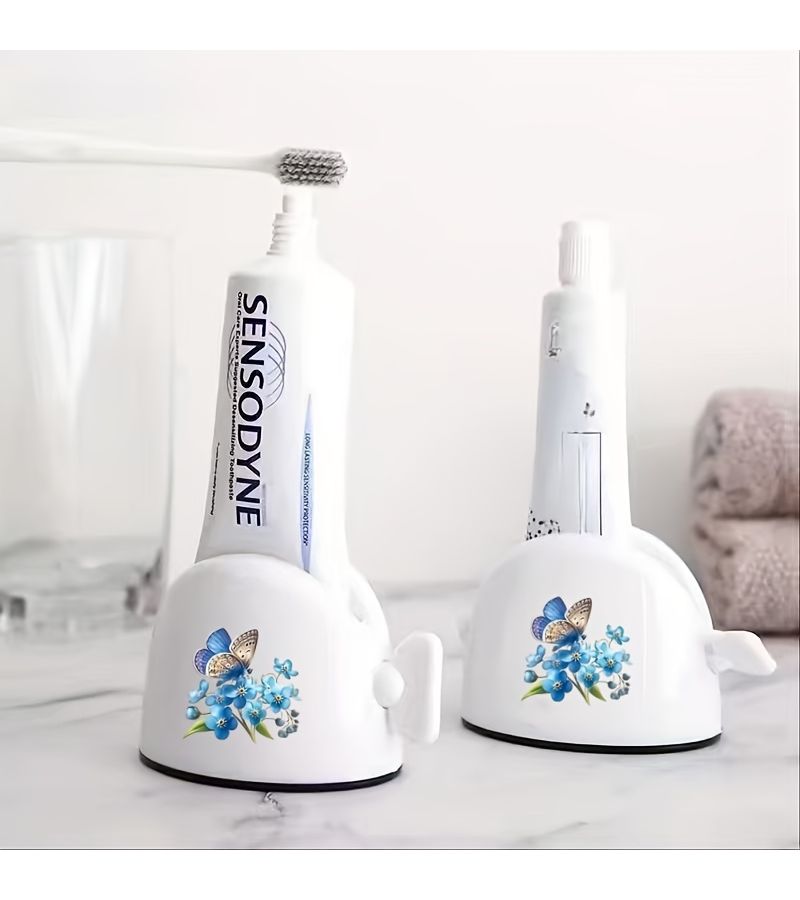 1pc Blue Flower Butterfly Print Manual Toothpaste Dispenser With Lamb Design Easy Squeeze Convenient Use - Image 3