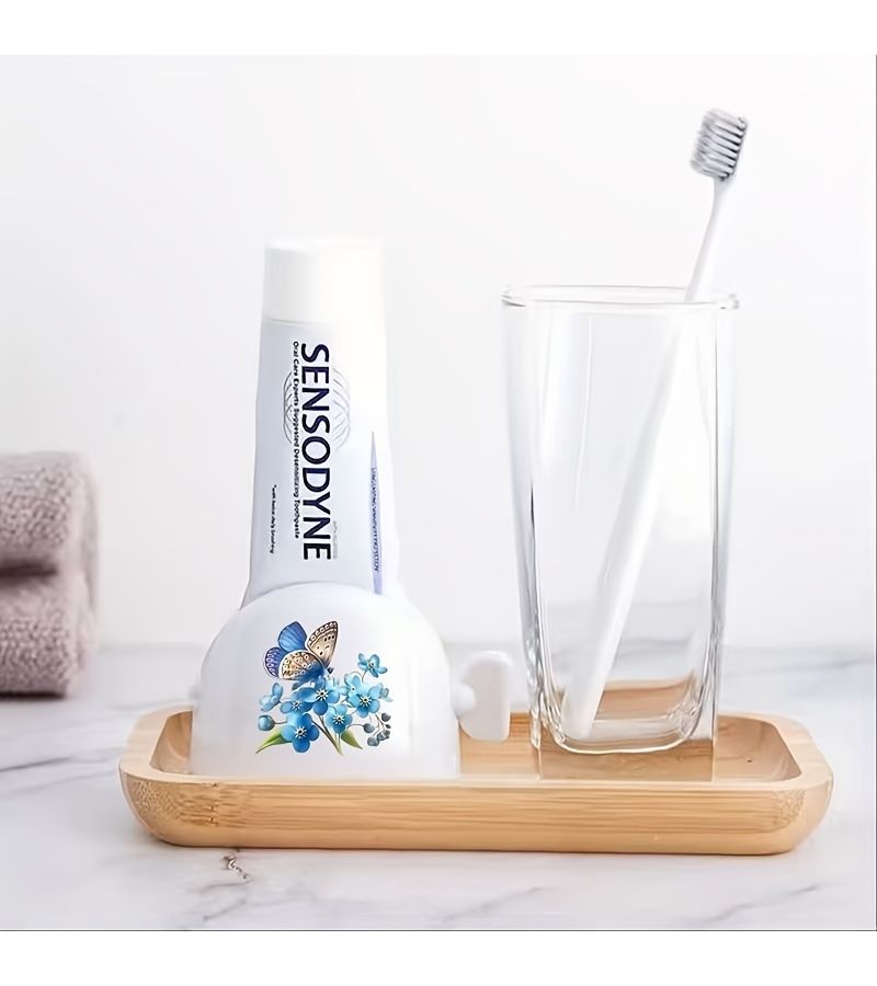 1pc Blue Flower Butterfly Print Manual Toothpaste Dispenser With Lamb Design Easy Squeeze Convenient Use - Image 5