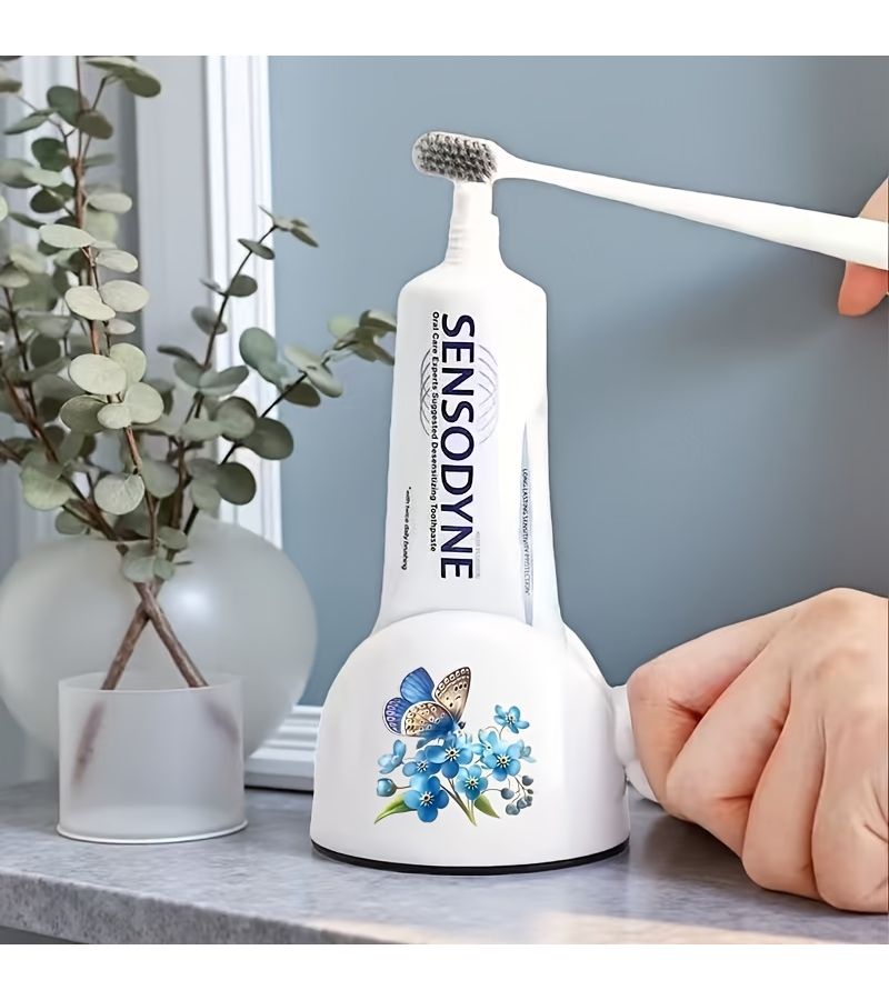 1pc Blue Flower Butterfly Print Manual Toothpaste Dispenser With Lamb Design Easy Squeeze Convenient Use - Image 4