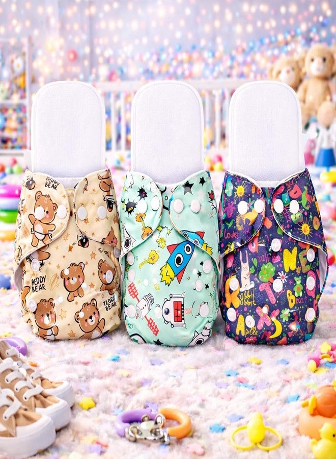 AEREX Premium Reusable Baby Printed 3 Cloth Diapers For 0 to 3 Years With 3 White Insert Pad | Leak Proof Washable Diapers For New Born Babies | Adjustable Pocket Cloth Diaper Nappies (Yellow,Blue & Purple) - Image 1