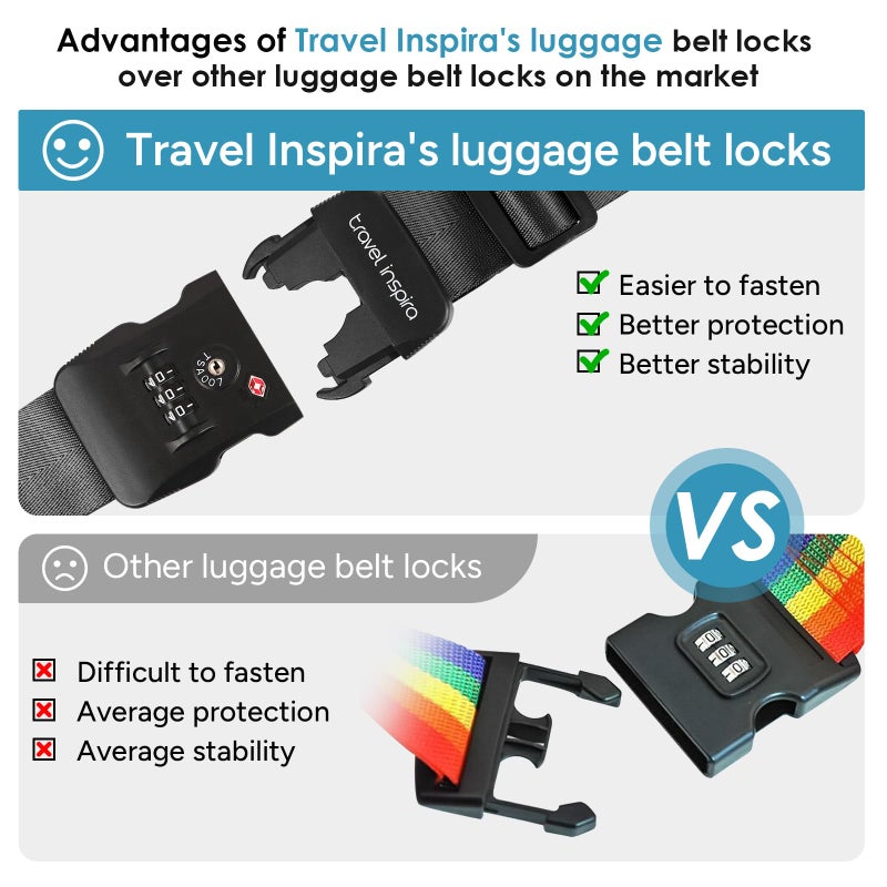 travel inspira Travel Inspira Luggage Straps TSA Approved Suitcase Belt Adjustable Length 3-Dial Combination Lock and Cross Luggage Suitcase Security - Black  - Image 2