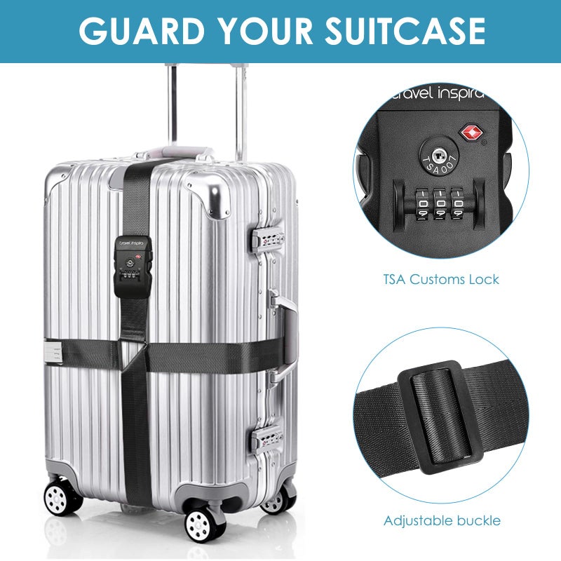 travel inspira Travel Inspira Luggage Straps TSA Approved Suitcase Belt Adjustable Length 3-Dial Combination Lock and Cross Luggage Suitcase Security - Black  - Image 3