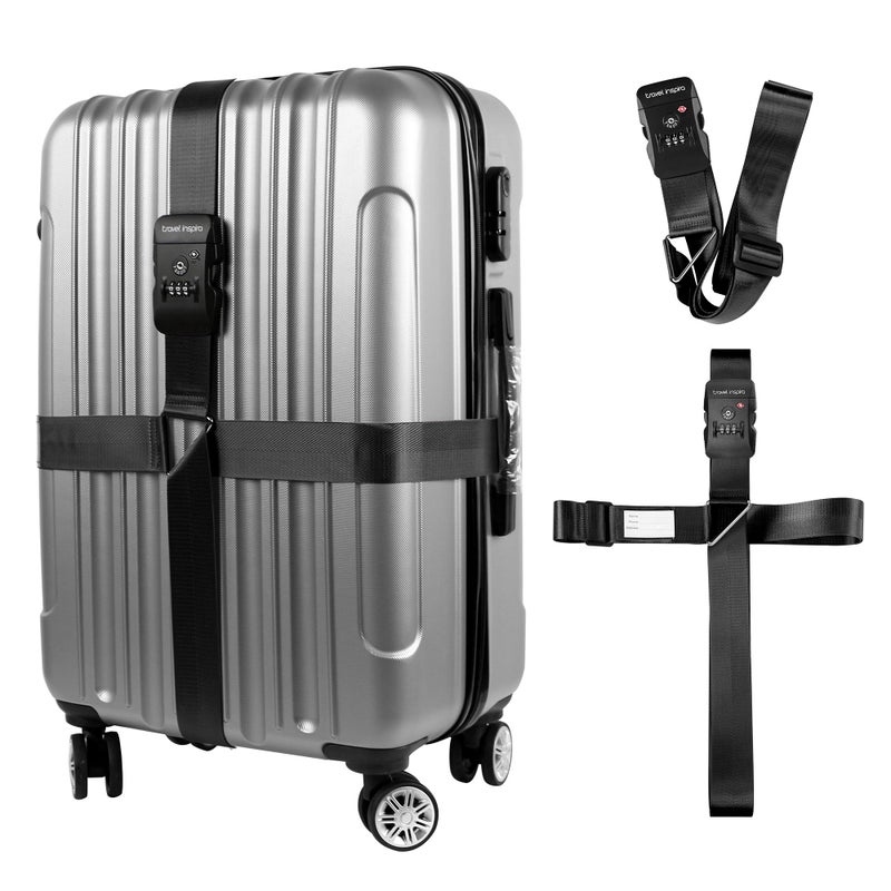 travel inspira Travel Inspira Luggage Straps TSA Approved Suitcase Belt Adjustable Length 3-Dial Combination Lock and Cross Luggage Suitcase Security - Black  - Image 1