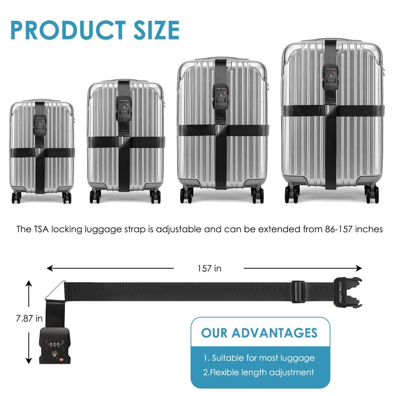 travel inspira Travel Inspira Luggage Straps TSA Approved Suitcase Belt Adjustable Length 3-Dial Combination Lock and Cross Luggage Suitcase Security - Black  - Image 5