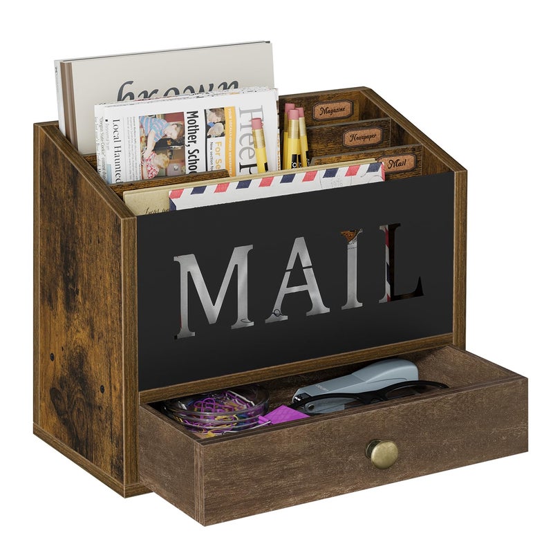 YINMIT Mail Organizer Countertop with 3 Compartments and Drawer, Mail Holder for Desk, Mail Sorter, Mail Organizer Wall Mounted, Countertop Desk Office Accessories Organizer for File Paper Folder - Image 1