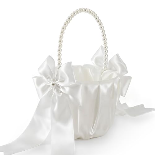 Happyiren Larger Wedding Flower Girl Basket - Elegant Pearl Handle with Bow Decoration, Ivory Color - 5.1" Diameter, Increased Height, Perfect for Flower Girls, Weddings, and Parties - Image 1