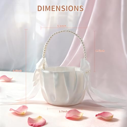 Happyiren Larger Wedding Flower Girl Basket - Elegant Pearl Handle with Bow Decoration, Ivory Color - 5.1" Diameter, Increased Height, Perfect for Flower Girls, Weddings, and Parties - Image 2