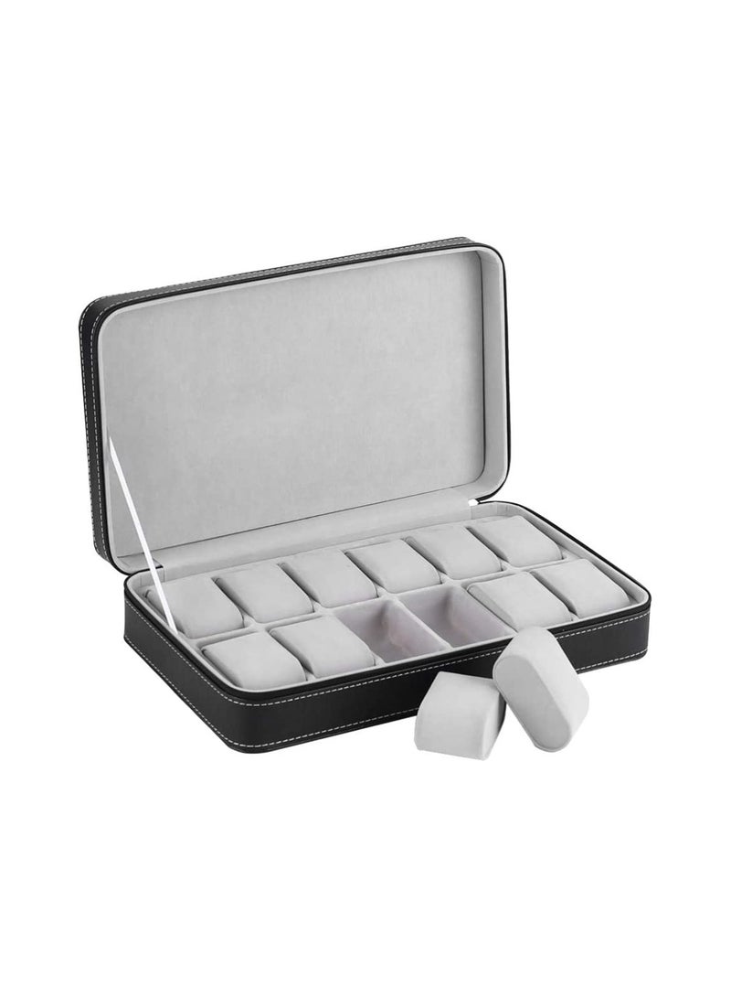 Watch Box - 12 Grid Watch Storage Case PU Leather Watch Organizer Box Watch Zipper Display Case for Men Women (Black)  - Image 1
