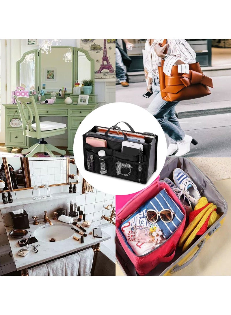 SYOSI Handbag Organiser Ladies Travel Insert Handbag Purse Organiser 13 Pockets Expandable Liner Bag Pouch Zipper Closure Tote Organiser Diaper Bag with Handle Double Zipper Cotton Bag Storage Bag  - Image 3