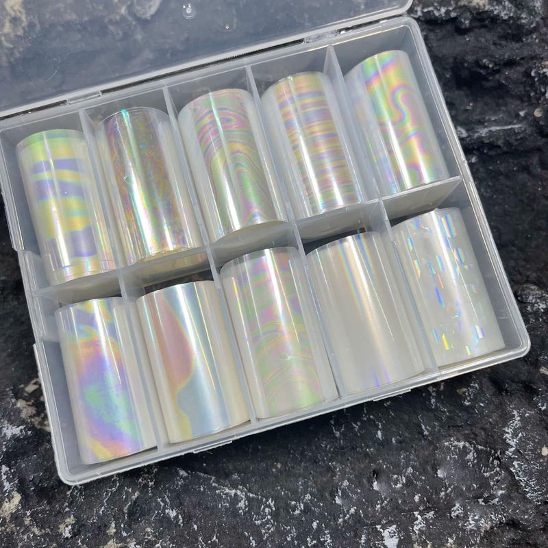 JERCLITY 10 Rolls Aurora Transparent Nail Foil Transfer Sticker Kit Illusory Color Nail Foil Sheets Foil Nail Art Decals Iridescence Nail Foil Transfer Stickers Foil Nail Wraps for Foil Nail Art