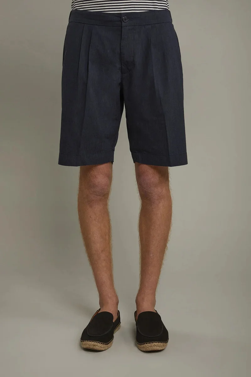دوبل غانغر Men's Bermuda with double pinces and laces on waist cotton slub fabric - DK Blue