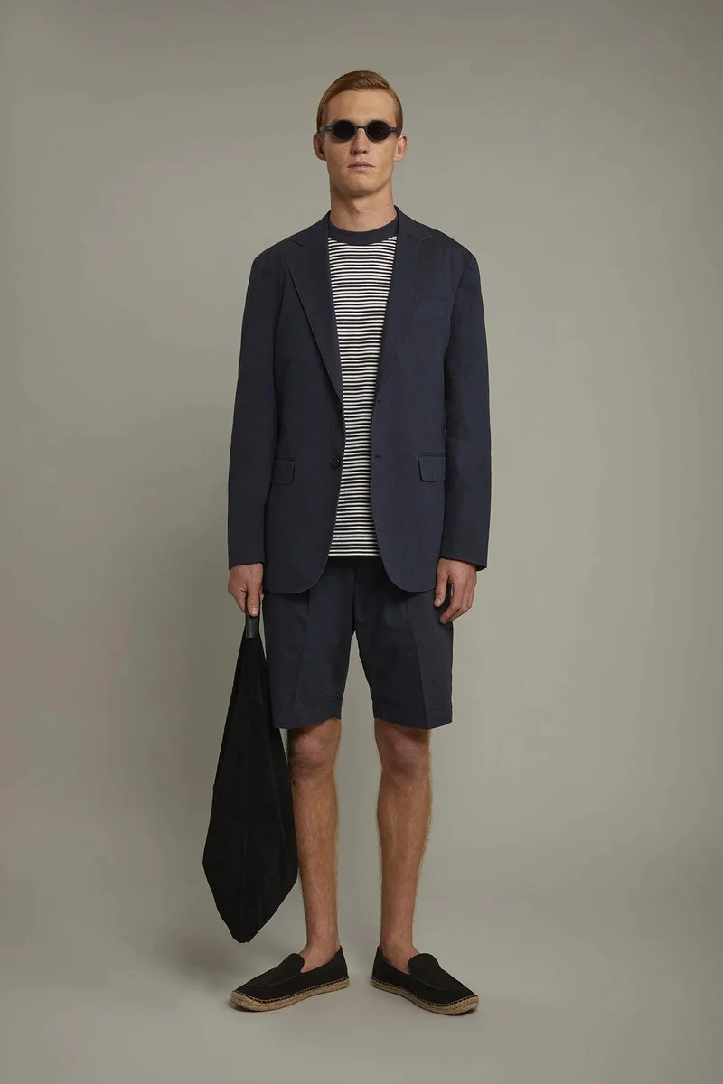Men's Bermuda with double pinces and laces on waist cotton slub fabric - DK Blue