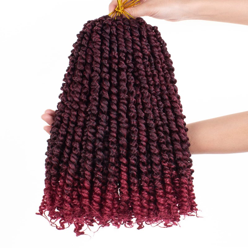 Leeven 12 Inch Pretwisted Passion Twist Hair 8 Packs Ombre Burgundy Pre Looped Red Water Wave Crochet Hair Short Curly Bohemian Braids Synthetic Hair Extensions for Black Women 12StrandsPack TBUG