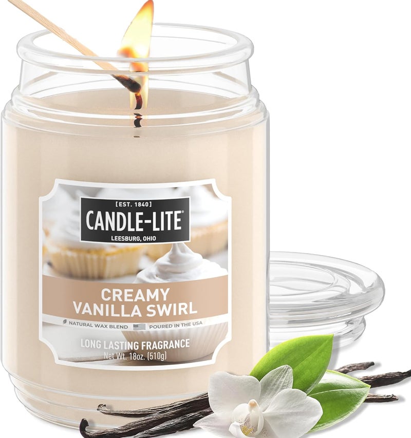 CANDLE-LITE Scented Candles, Creamy Vanilla Swirl Fragrance, One 18 oz. Single-Wick Aromatherapy Candle with 110 Hours of Burn Time, Off-White Color (Individual Box) - Image 1