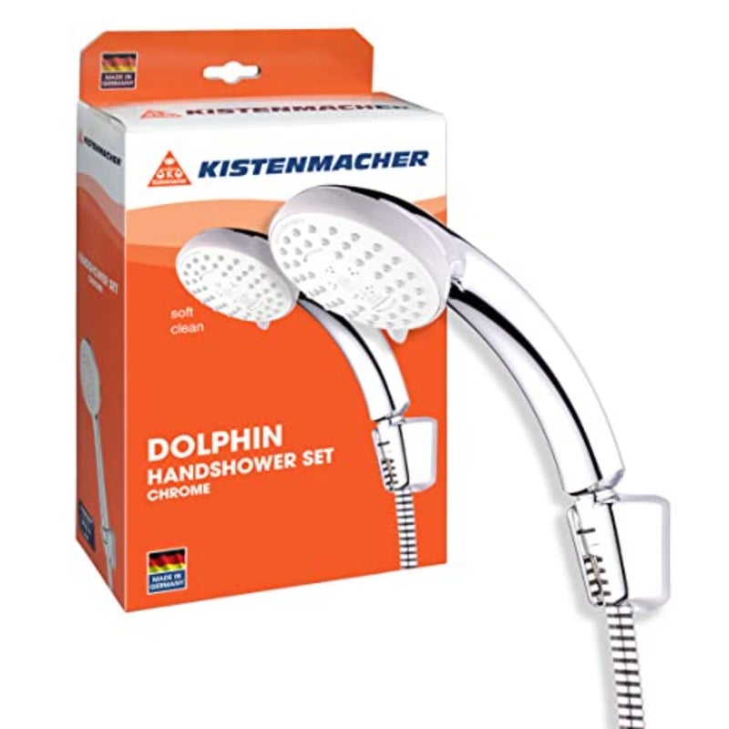 Handshower Set Dolphin for bathroom use, stainless steel and ABS plastic, chrome finish, 3-way adjustable spray with flexible hose and wall-mounted holder - Image 1