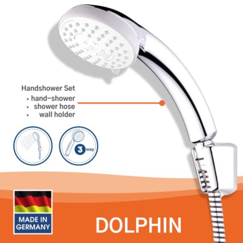 Handshower Set Dolphin for bathroom use, stainless steel and ABS plastic, chrome finish, 3-way adjustable spray with flexible hose and wall-mounted holder - Image 2
