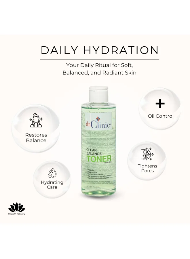 dr.Clinic DR. CLINIC | Prebiotic Toner Clear Balance | Oil-Control & Pore-Tightening Facial Tonic | Enriched with Niacinamide, Aloe Vera & Prebiotics | For Oily Skin | 200 ml