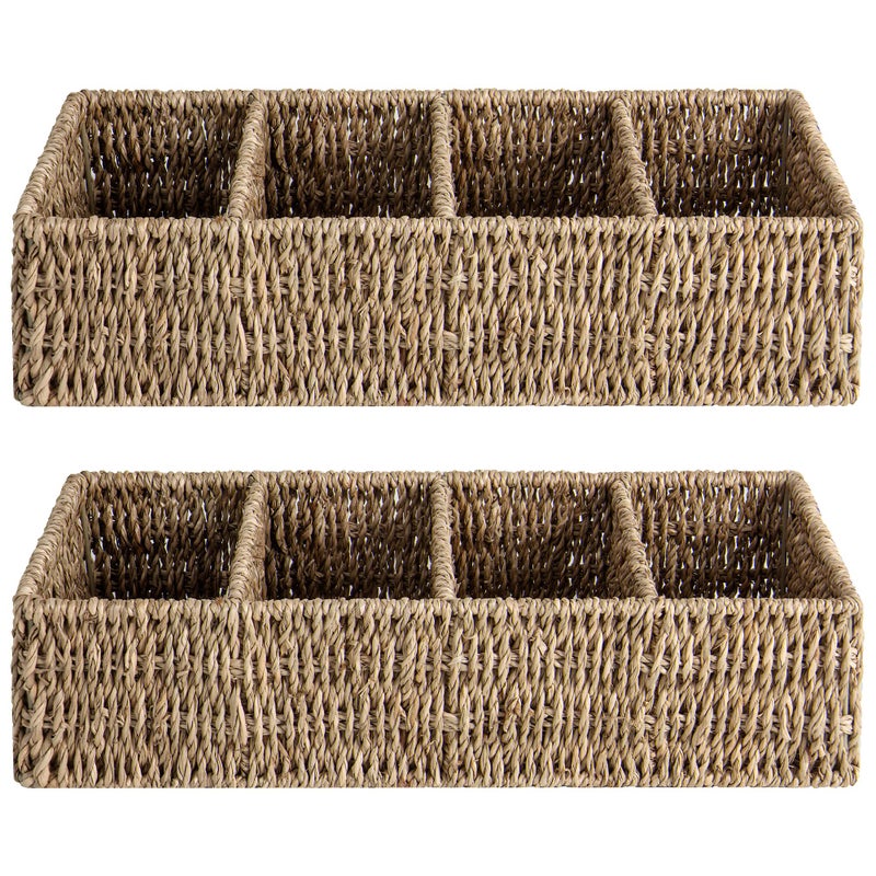 StorageWorks Small Baskets for Organizing  Wicker Baskets for Organizing with 4 Sections  Seagrass Baskets  Handwoven Desk Baskets for Shelves  Pantry  Coffee Bar  2 Pack - Image 1