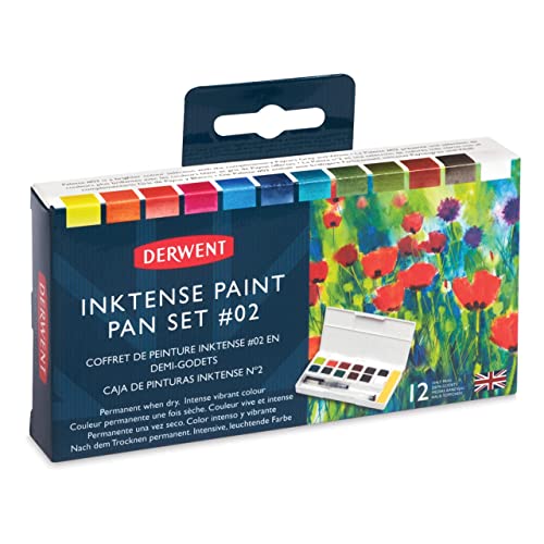Derwent Inktense Permanent Paint Pan Travel Set Palette #2, Painting, Ideal for Layering, Use on Fabrics, Includes Waterbrush, Sponge & Mixing Palette, Professional Quality - 2305789 (Set of 12) - Image 1
