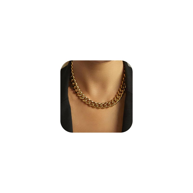 NOKMIT Chunky Cuban Link Curb Chain Necklace for Women Men Dainty 18K Gold Silver Tone Choker Thick Trendy Statement Diamond Cut Punk Hip Hop Cuban Chain Jewelry Gifts Unisex (Gold, 13mm, 18in) - Image 1