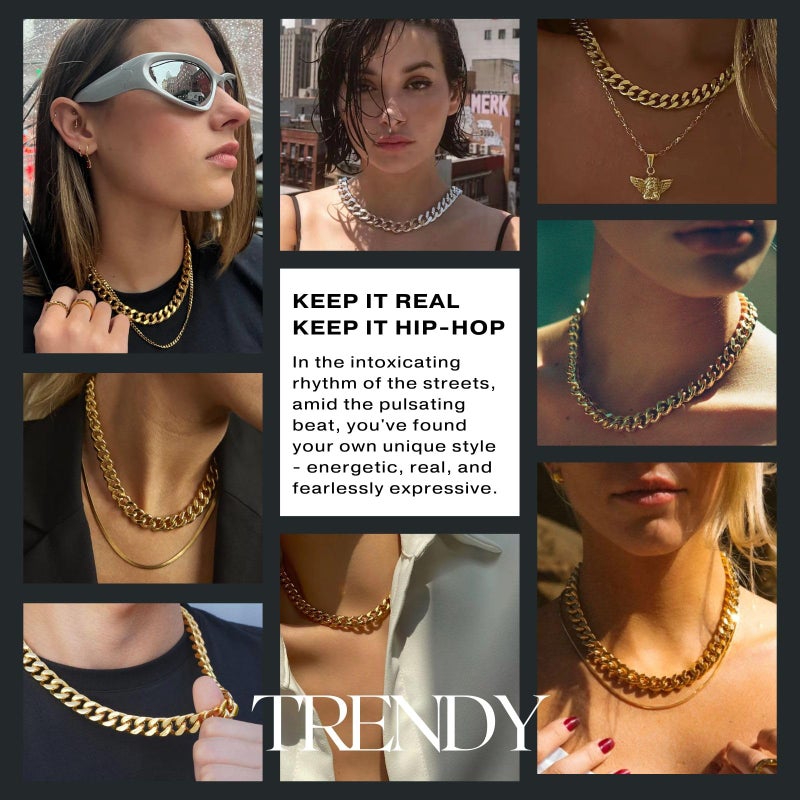 NOKMIT Chunky Cuban Link Curb Chain Necklace for Women Men Dainty 18K Gold Silver Tone Choker Thick Trendy Statement Diamond Cut Punk Hip Hop Cuban Chain Jewelry Gifts Unisex (Gold, 13mm, 18in) - Image 4